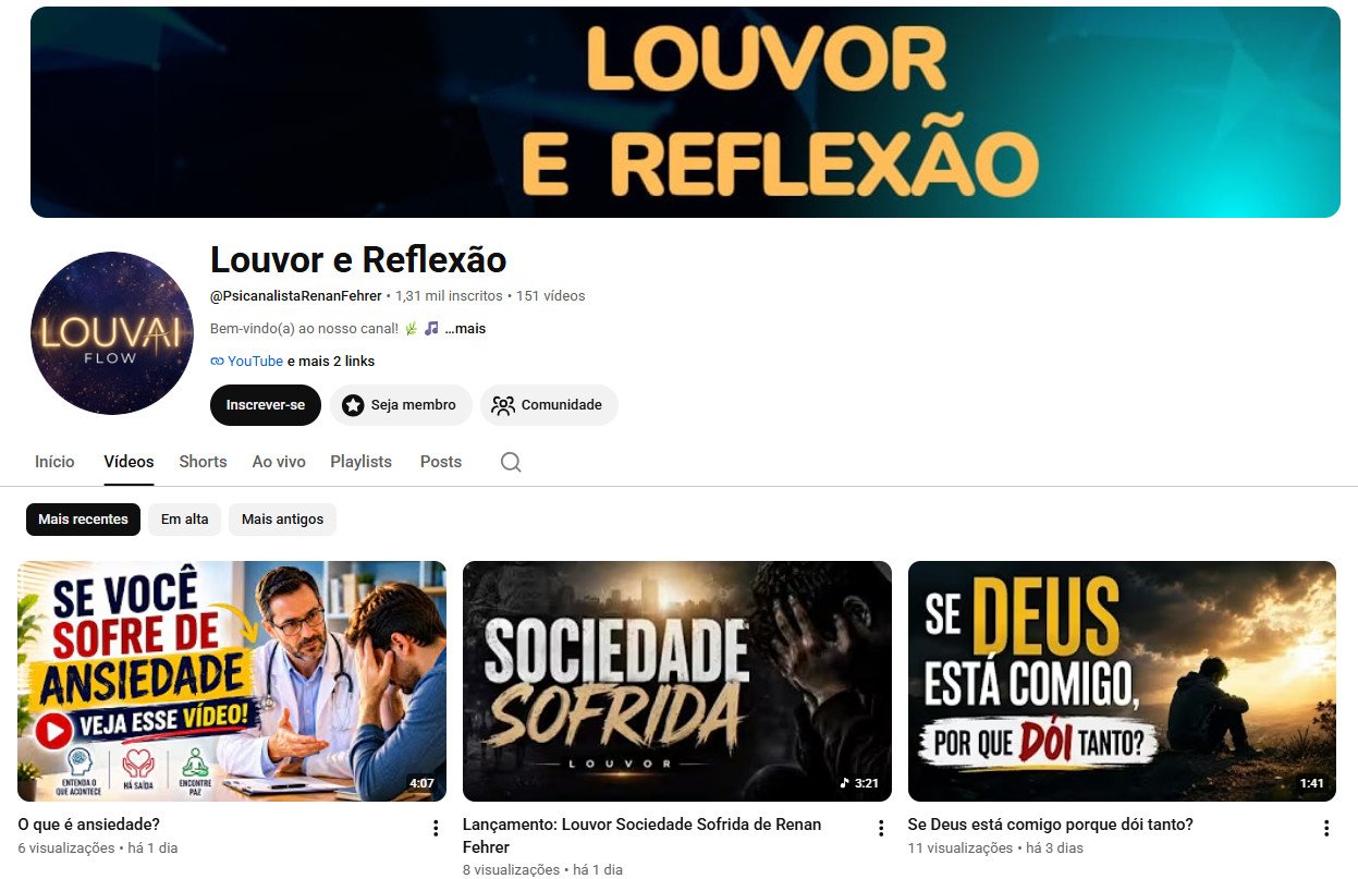 Canal no YouTube à venda – Louvor e Reflexão (Espiritualidade, Louvores e Saúde Mental) | 1 mil inscritos –