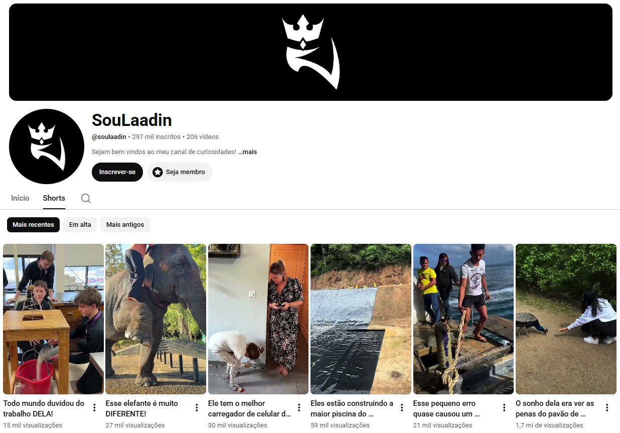 Canal no YouTube à venda – SouLaadin (Curiosidades e Shorts) 297 mil inscritos