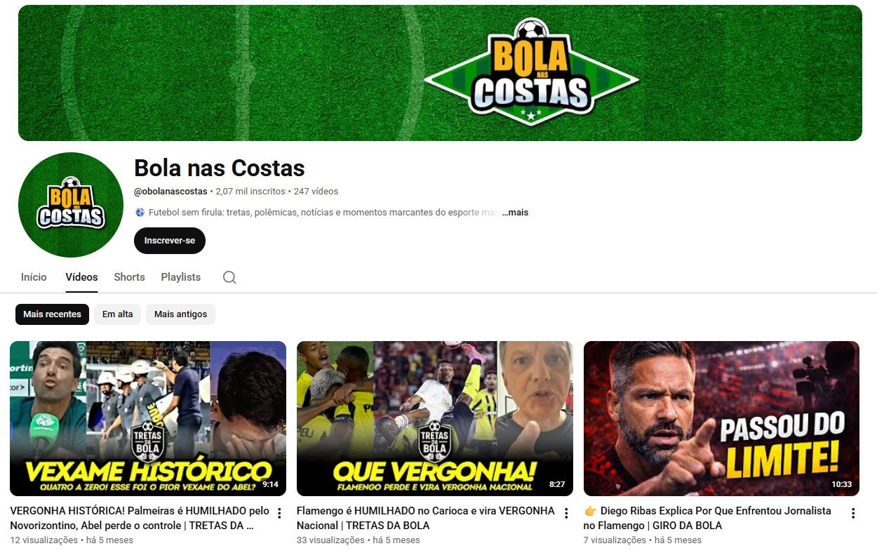 Canal no YouTube à venda – Bola nas Costas (Futebol) 2 mil inscritos