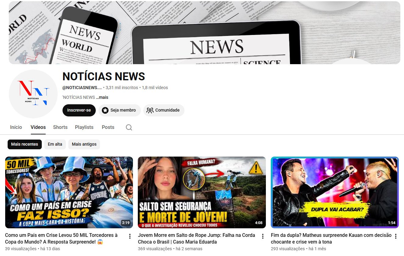 Canal no YouTube à venda – NOTÍCIAS NEWS (Notícias e Variedades) 3 mil inscritos