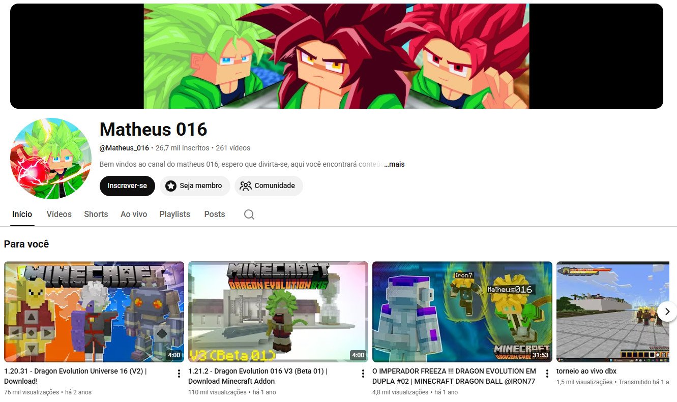 Canal no YouTube à venda – Matheus 016 (Games / Minecraft) 26 mil inscritos