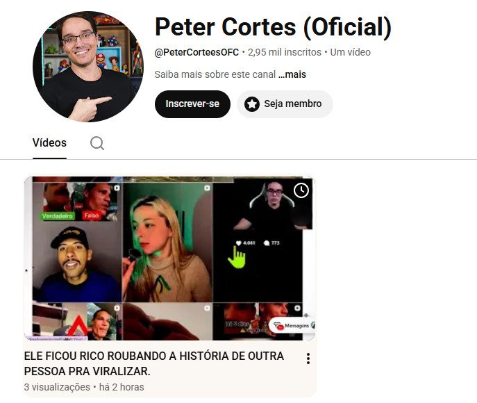 Canal no YouTube à venda – Peter Cortes (Oficial) (Cortes e Internet) 2 mil inscritos